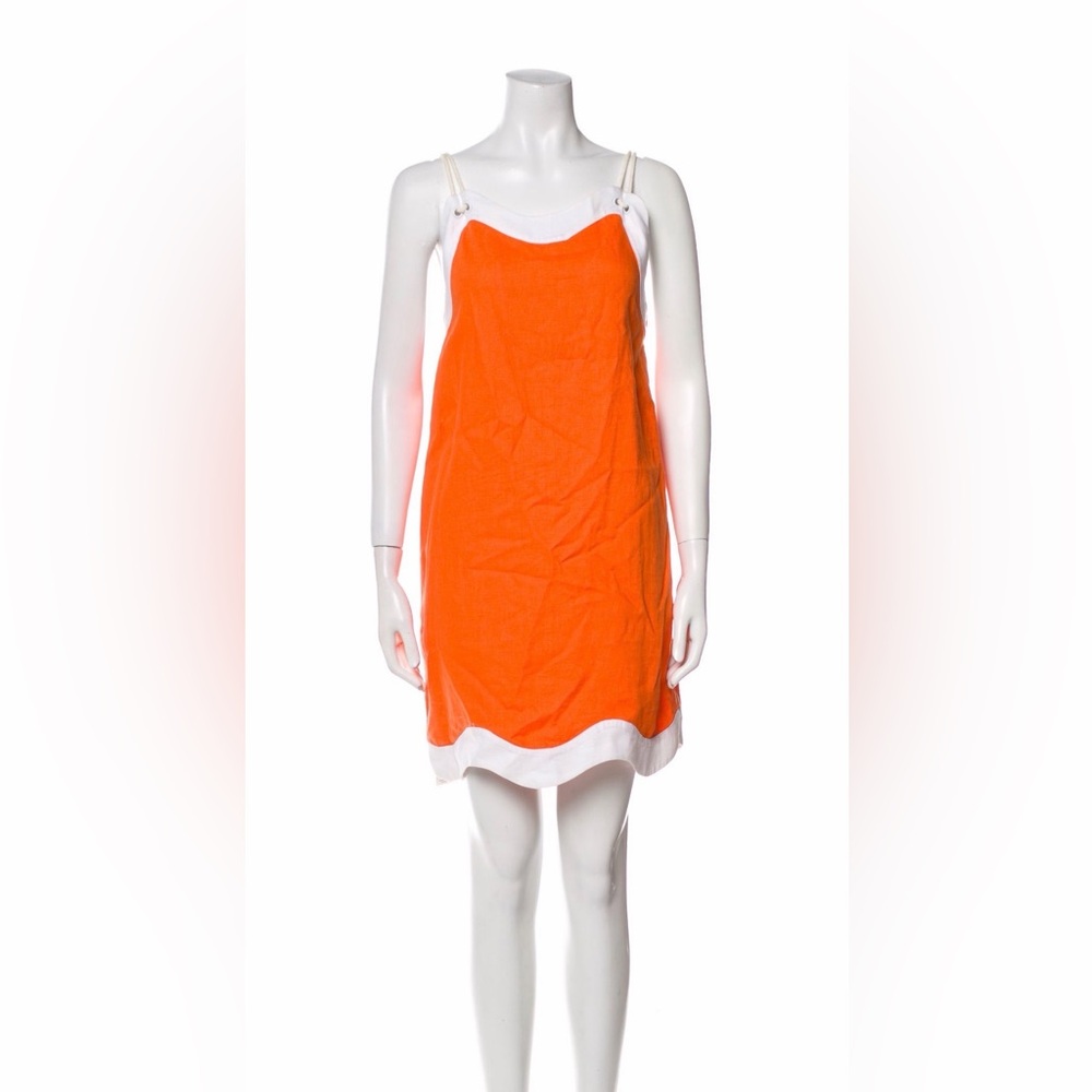 STAUD Orange and White scallop Sleeveless Linen Shift Dress